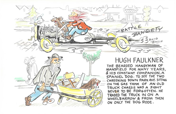 Long-haired, beard flowing character Hugh Faulkner with truck dog and wheelbarrow