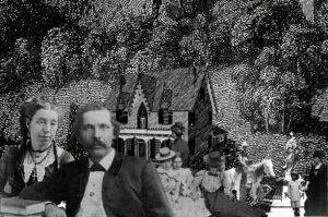 Spooky view of the Gothic Cottage with the ghosts of its former residents surrounding