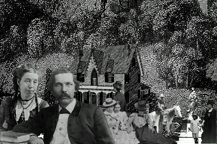 Spooky view of the Gothic Cottage with the ghosts of its former residents surrounding